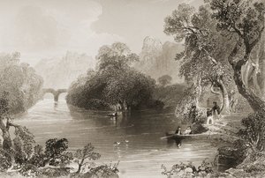 Killarney, Old Weir Bridge, County Killarney, Irsko, z „Scenery and Antiquities of Ireland“ od George Virtue, 1860 (rytina)