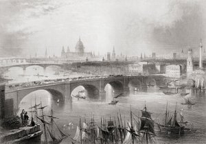 Londýn, Southwark a Blackfriars mosty přes řeku Temži, Londýn, Anglie, z „Cyklopedie užitečných umění a manufaktur“ od Charlese Tomlinsona od William Henry Bartlett