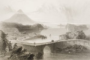 Pontonový most v Lough Conn, hrabství Mayo, Irsko, z „Scenery and Antiquities of Ireland“ od George Virtue, 60. léta 19. století od William Henry Bartlett