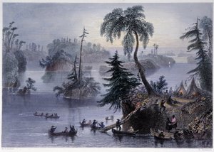 Scéna mezi tisíci ostrovy: Tábor a čluny, Mille îles – v „kanadské scenérii ilustrované“ Bartlettem W. H. od William Henry Bartlett