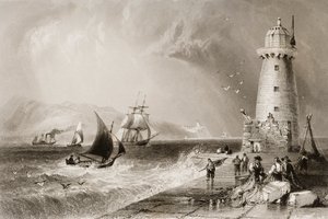 South Wall Lighthouse s Howth Hill in the Distance, Dublin, z „Scenery and Antiquities of Ireland“ od George Virtue, 60. léta 19. století od William Henry Bartlett