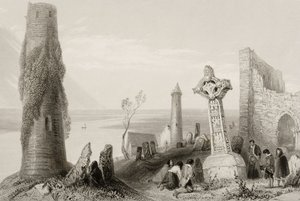 Starověký kříž a kulatá věž v Clonmacnois, hrabství Offaly, Irsko, z „Scenery and Antiquities of Ireland“ (viz 131074) od William Henry Bartlett