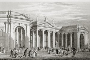 Bank of Ireland, Dublin, postavená v roce 1729, z „Scenery and Antiquities of Ireland“ od George Virtue, 1860 od William Henry Bartlett