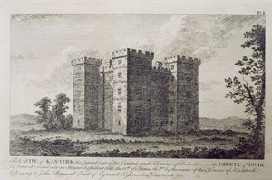Hrad Kanturk, hrabství Cork, Irsko v roce 1800, z „Scenery and Antiquities of Ireland“ od George Virtue od William Henry Bartlett
