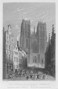 Kostel St Gudule, Brusel, Karnevalová maškaráda (rytina) od William Henry Bartlett