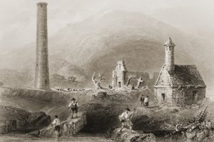 Ruiny v Glendalough, hrabství Wicklow, Irsko, z „Scenery and Antiquities of Ireland“ od George Virtue, 1860 od William Henry Bartlett