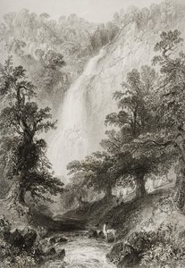 Vodopád, Powerscourt, hrabství Wicklow, Irsko, z „Scenery and Antiquities of Ireland“ od George Virtue, 1860 od William Henry Bartlett