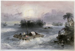 Přeprava dřeva a peřejí do vesnice Cedars – v „kanadské scenérii ilustrované“ Bartlettem W. H. od William Henry Bartlett