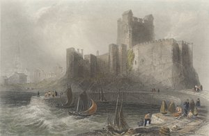 Pohled na hrad Carrickfergus (barevná rytina) od William Henry Bartlett