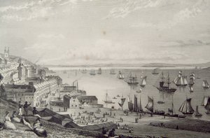 Pohled na přístav Cobh, při pohledu na Rostellan, hrabství Cork, Irsko ve 30. letech 19. století, z „Scenery and Antiquities of Ireland“ od George Virtue, 60. léta 19. století od William Henry Bartlett