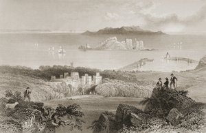 Pohled na hrad Howth, hrabství Dublin, Irsko, z knihy "Scenery and Antiquities of Ireland" od George Virtue, 60. léta 19. století od William Henry Bartlett