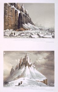 N.E. Cape of America a část Leopoldova ostrova (nahoře) a Termination of the Cliffs u Whaler Point, Port Leopold (dole) z „Deset barevných pohledů pořízených během arktické expedice Jejího Veličenstva“