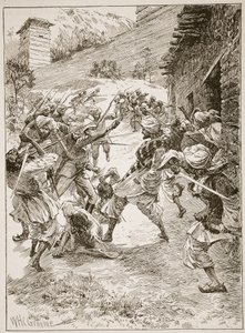 Poručík Harley se v čele čtyřiceti Sikhů a šedesáti Kašmírců vrhl na dům přes ústí dolu, ilustrace z knihy "Bitvy devatenáctého století" od Archibalda Forbese, G. A. Hentyho a dalších. od William Henry Charles Groome