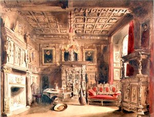 Tudorovský interiér (hnědý inkoust a akvarel na papíře)