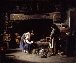 Interiér farmy: Bretonské děti krmící králíky, 1878.
