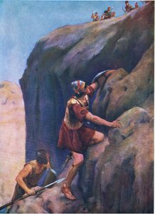 Jonathan a jeho zbrojnoš, z knihy The Bible Picture Book vydané Thomasem Nelsonem, kolem roku 1950 od William Henry Margetson