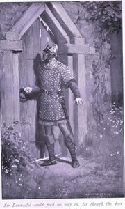 Sir Launcelot nemohl najít cestu dovnitř, protože ačkoli byly dveře staré a opotřebované, držely pevně. od William Henry Margetson