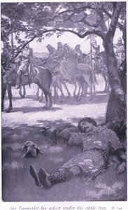 Sir Launcelot ležel a spal pod jabloní. od William Henry Margetson