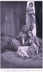 Když sir Pelleas nahlédl dovnitř, uviděl, jak se sir Gawaine sklonil a políbil paní Ettardovou. od William Henry Margetson