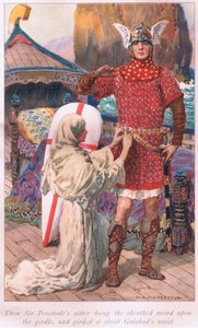 Sestra sira Percivalea pak pověsila meč na opasek a přepásala jej Galahadovi kolem pasu. od William Henry Margetson