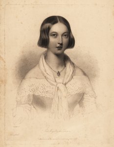 Mladá královna Viktorie, počátek 20. let. Ocelová tečkovaná rytina od Williama Henryho Motea podle ilustrace Williama Drummonda z Anglických perel Charlese Heatha aneb Portréty pro Boudoir, Tilt and Bogue, Londýn