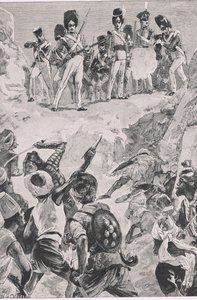 Stoupenci Carmichaelse vypálili salvu do hustého shluku mužů: Bitva o Bharatpur 1826, ilustrace z britských bitev na souši a na moři, 1915