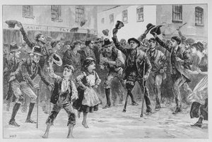 Jásající jméno lorda Randolpha Churchilla v Loughrea, na Town Crier oznamující svou rezignaci, z „The Illustrated London News“, 8. ledna 1887