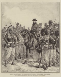 Generál Ghous-ud-din Khan, velitel afghánských jednotek v Penjdeh, se svými afghánskými vojáky