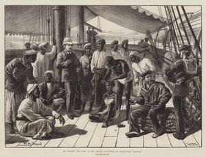 Pan Stanley a někteří z jeho afrických následovníků na palubě HMS Industry