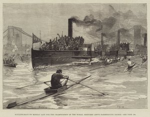 Sculling-Race v pondělí Poslední pro mistrovství světa, načrtnuté nad Hammersmith Bridge