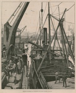 Přepravní materiál ve Woolwichi pro železnici Souakim (rytina) od William Heysham Overend