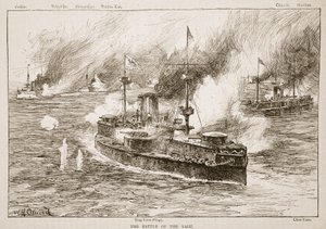 Bitva u řeky Jalu, 1894, ilustrace z knihy "Battles of the Nineteenth Century" od Archibalda Forbese, G. A. Hentyho a majora Arthura Griffithse.