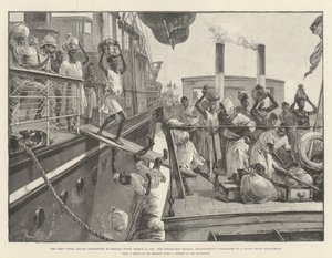 Expedice Emin Paša v Banana Point, 18. března 1887, parník Madura převáží cestující na parník na řece Kongo od William Heysham Overend
