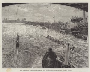 Oxford a Cambridge Boat-Race, lodě proplouvající pod železničním mostem Barnes