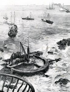 Princ z Walesu a vévoda z Edinburghu pokládají základní kámen nového majáku Eddystone, ilustrace z „The Illustrated London News“, 1879