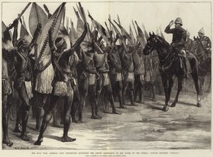 Válka Zuluů, generál lord Chelmsford prohlíží domorodý kontingent na březích Tugely, domorodci křičí H-H-Ooo! od William Heysham Overend