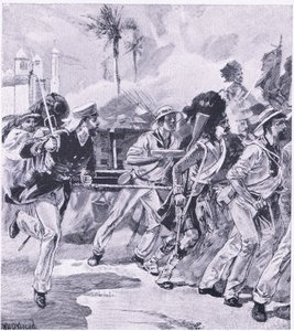 Námořní brigáda z HMS Shannon v Lucknow, listopad 1857, ilustrace z britských bitev na souši a na moři, 1915 od William Heysham Overend