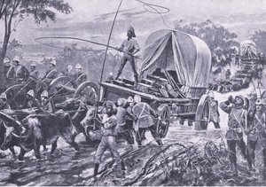 Zulu War: The Estowe Relief Force Crossing the stream, duben 1879, ilustrace z britských bitev na souši a na moři, 1915