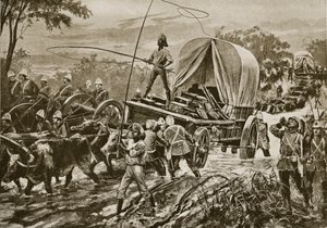 Zuluská válka: pomocná síla Etshowe překračující potok, duben 1879