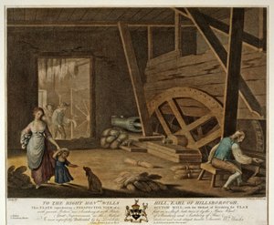 Vnitřní pohled na Scutch Mill, deska V z The Linen Manufactory of Ireland, 1791,