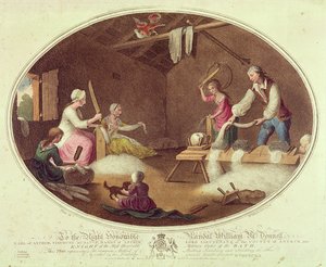 Běžný způsob řezání, skřípání a motání lnu, deska IV knihy "The Linen Manufactory of Ireland", 1791 (kolorovaná litografie)