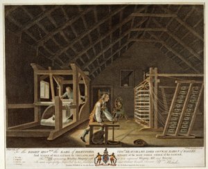 Navíjení, snování pomocí nového vylepšeného snovacího stroje a tkaní, deska VII z The Linen Manufactory of Ireland, 1791