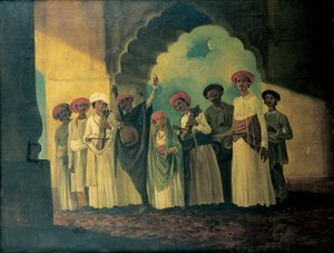 Skupina indických hudebníků hrajících na sarangi, tamburu a tablas s dívkou tančící na terase