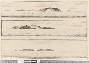 Page 7 a) Pohled na Porto Santo. Napsáno inkoustem podél spodního okraje „Pohled na Porto Santo táhnoucí se od SSZ k WBW vzdálené 5 mil“ (b) Pohled na Porto Santo se severem. Napsáno inkoustem na spodním okraji „Pohled na Porto Santo se severem vzdálené 2  od William Hodges