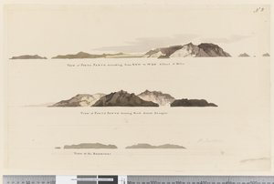 Page 8 (a) Pohled na Porto Santo sahající od NNW k WBN vzdálené 5 mil (b) Pohled na Porto Santo se severem vzdálené 2 ligy a (c) Pohled na The Deserters od William Hodges