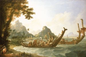 Válečné lodě ostrova Otaheite (Tahiti) a Společenských ostrovů, s pohledem na část přístavu Ohaneneno na ostrově Ulieta, jednom ze Společenských ostrovů. od William Hodges