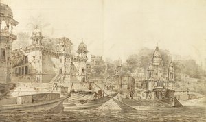 Pohled na část města Benares, kolem roku 1781 (šedé mytí štětcem a inkoustem přes tužku na papíře položeném na mycím držáku) od William Hodges