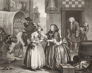 S Progress / Cesta kurvy, List 1: Přílet do Londýna. 1732 od William Hogarth
