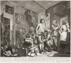 A Rake? S Progress, Plate 1: The Rake Takeing Possession of his estate / Der Weg eines Liederlichen, Blatt 1: Die Erbschaft. 1735 od William Hogarth