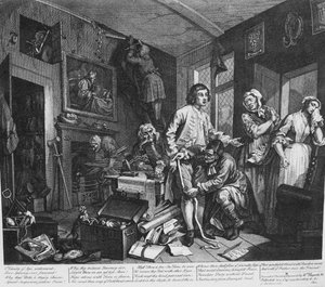 Rakeův pokrok, talíř 1, Mladý dědic ovládne lakomé efekty od William Hogarth